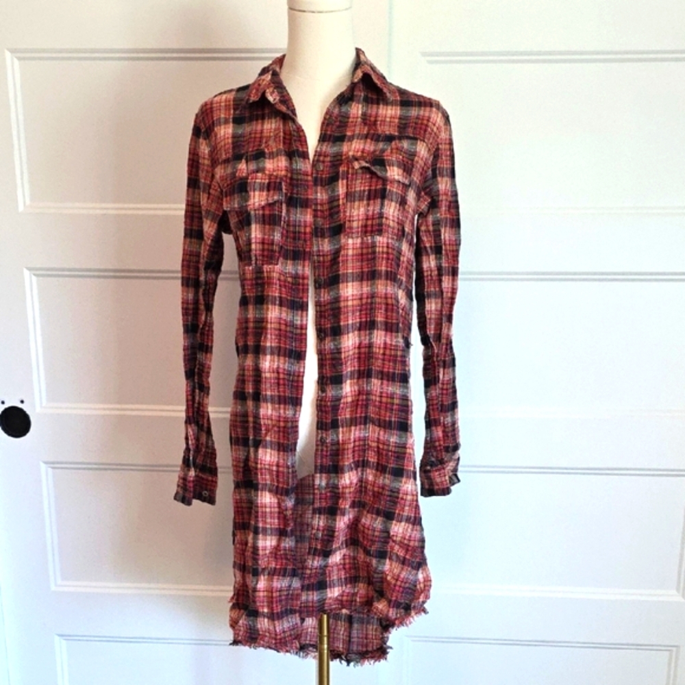 Free People Red Multicolor Plaid Shirt Dress